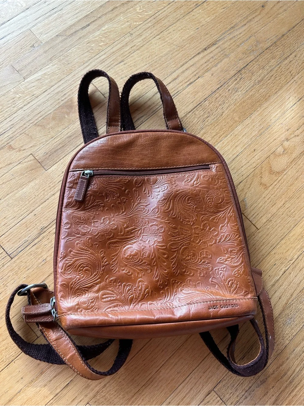 Jack George’s Voyager Embossed Leather Backpack in Cognac